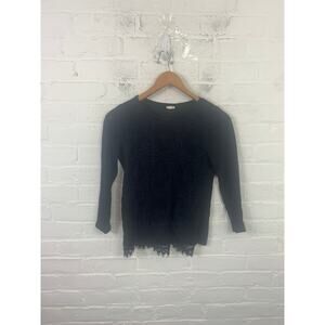 J. Crew Women's 3/4 Sleeve Round Neck Crochet Lace-Front Sweater Black Size S